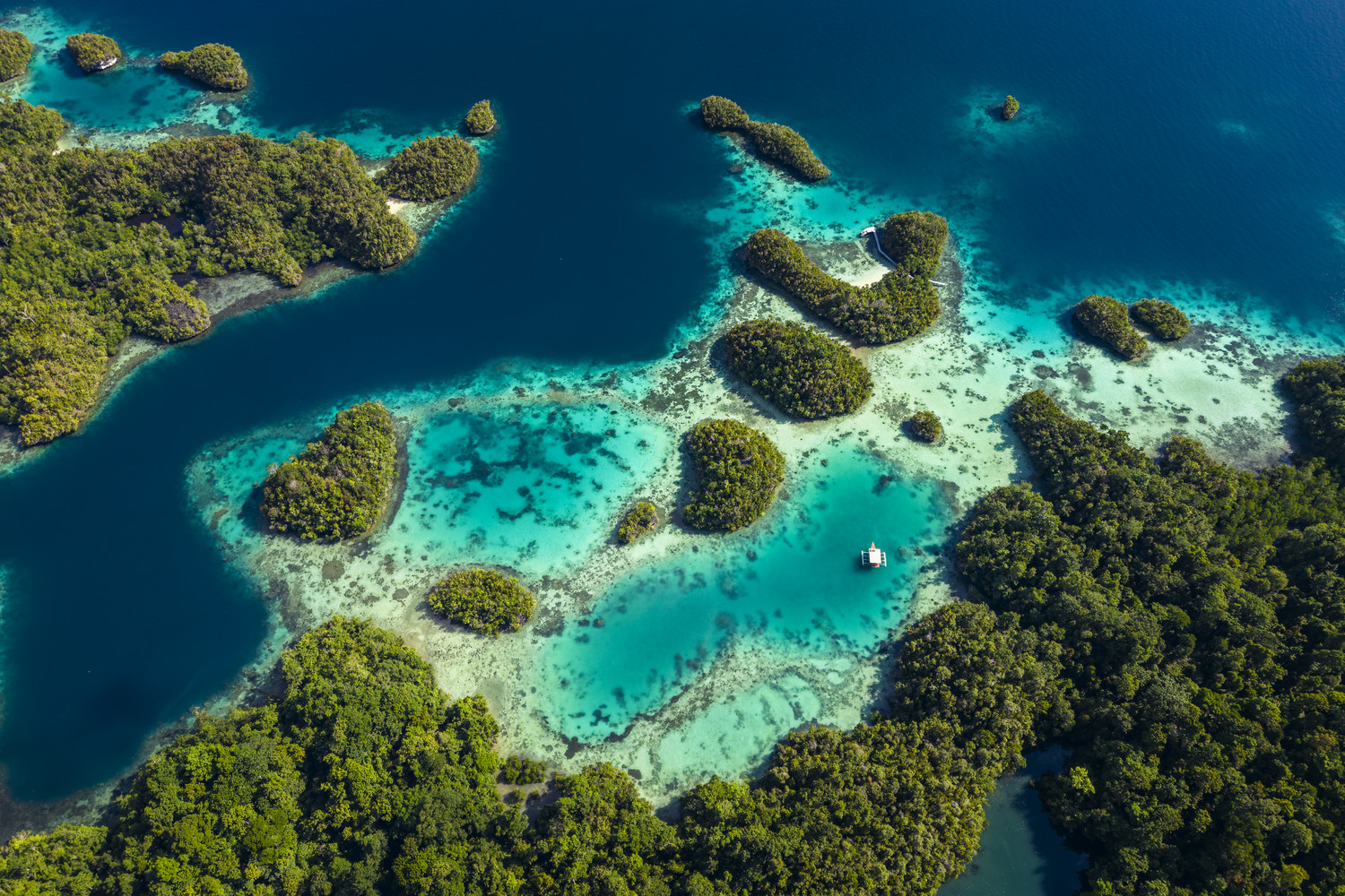 Luftaufnahme kleiner bewaldeter Inseln in Raja Ampat, umgeben von türkisfarbenem Wasser und Korallenriffen, mit einem einzelnen Boot in der flachen Lagune. West Papua 2025. (13.10.2025)